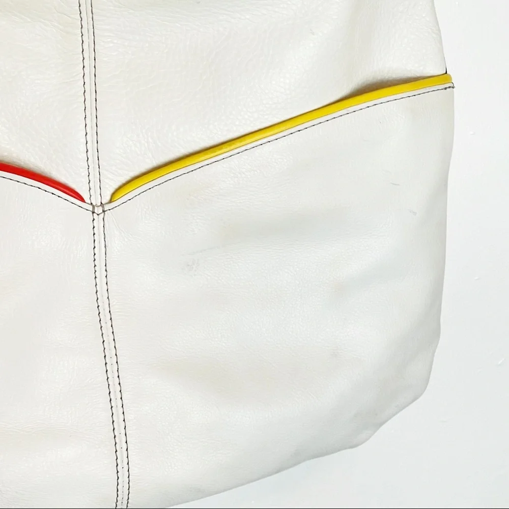 White Leather Hobo Bag with Multicolor Trim